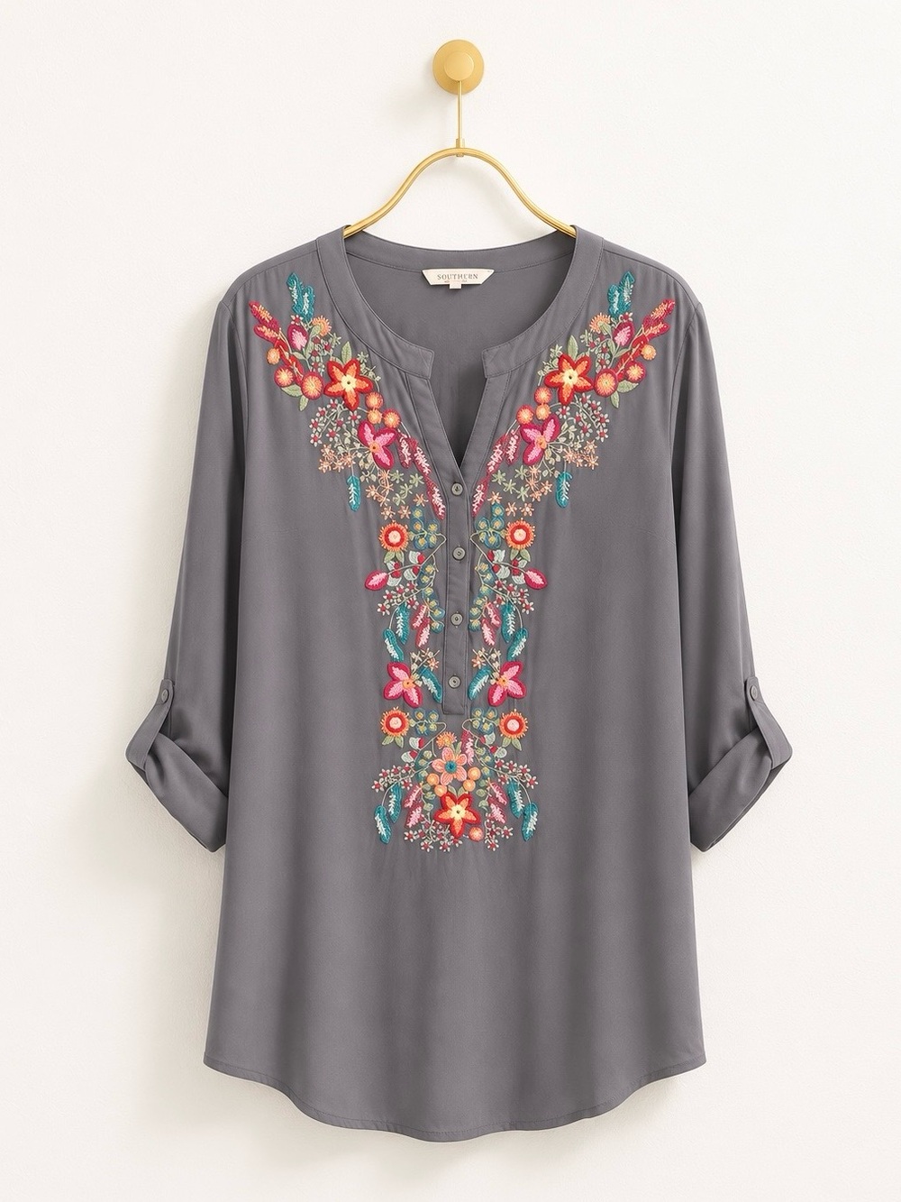 SOLITAIRE GRAY EMBROIDERED ROLL TAB SLEEVES BOHO WESTERN ROMANTIC TOP SZ XL - Picture 2 of 5